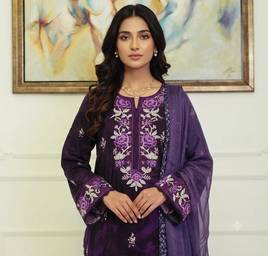 Zyna Purple Embroidered Lawn 3-Piece Suit